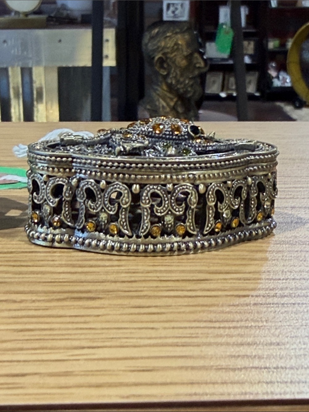 Decorative Gold Tone Jeweled Trinket Box with Amber Accents